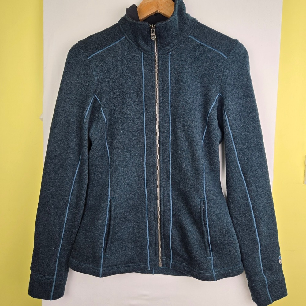 Kuhl Full Zip Fleece Jacket Teal Blue Heather Knit Mock Neck Womens S